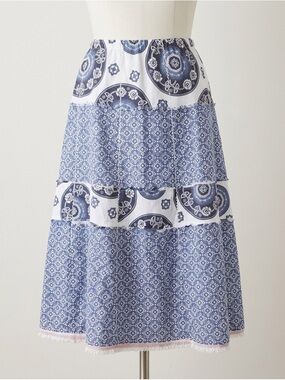 Eddie Bauer Y2K Blue White Paisley Tiered Maxi Skirt 100% Cotton Lined 10 Petite